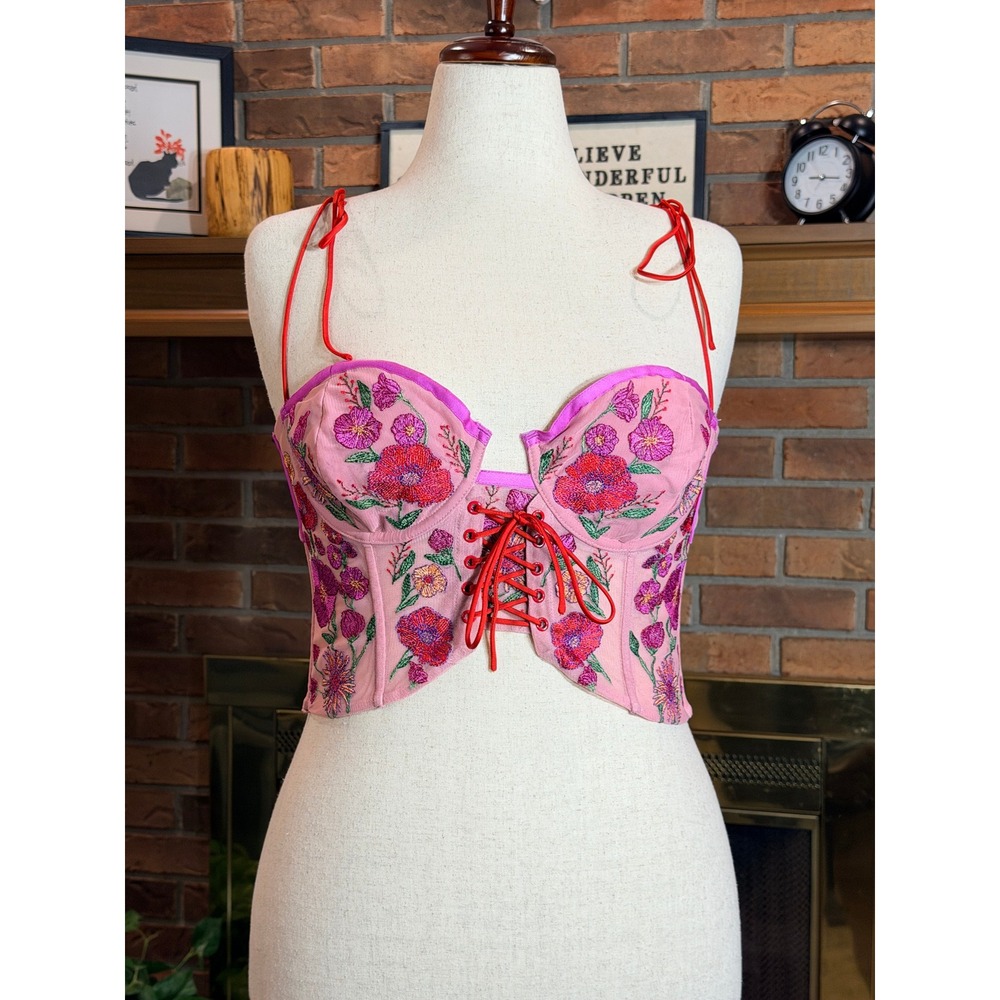 For Love & Lemons Kaylee Crop Top Bustier Pink Floral Embroidered Lace Up Large